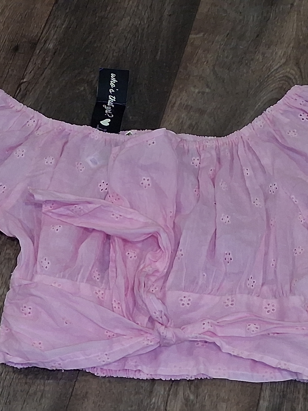 Pink Eyelet Off-Shoulder Tie-Front Blouse